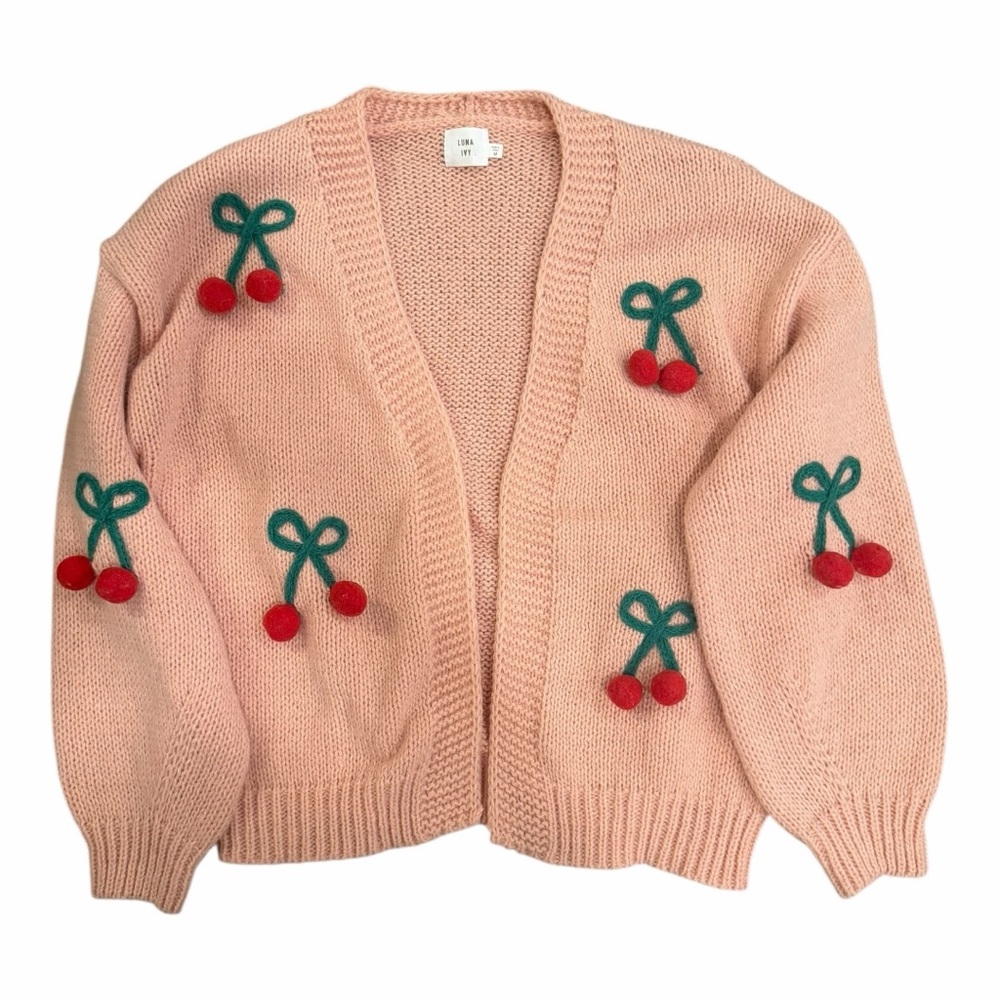 Luna Ivy Pink 3D Cherry Knit Open Chunky Soft Cardigan‎ Sweater Pink size XS NEW
